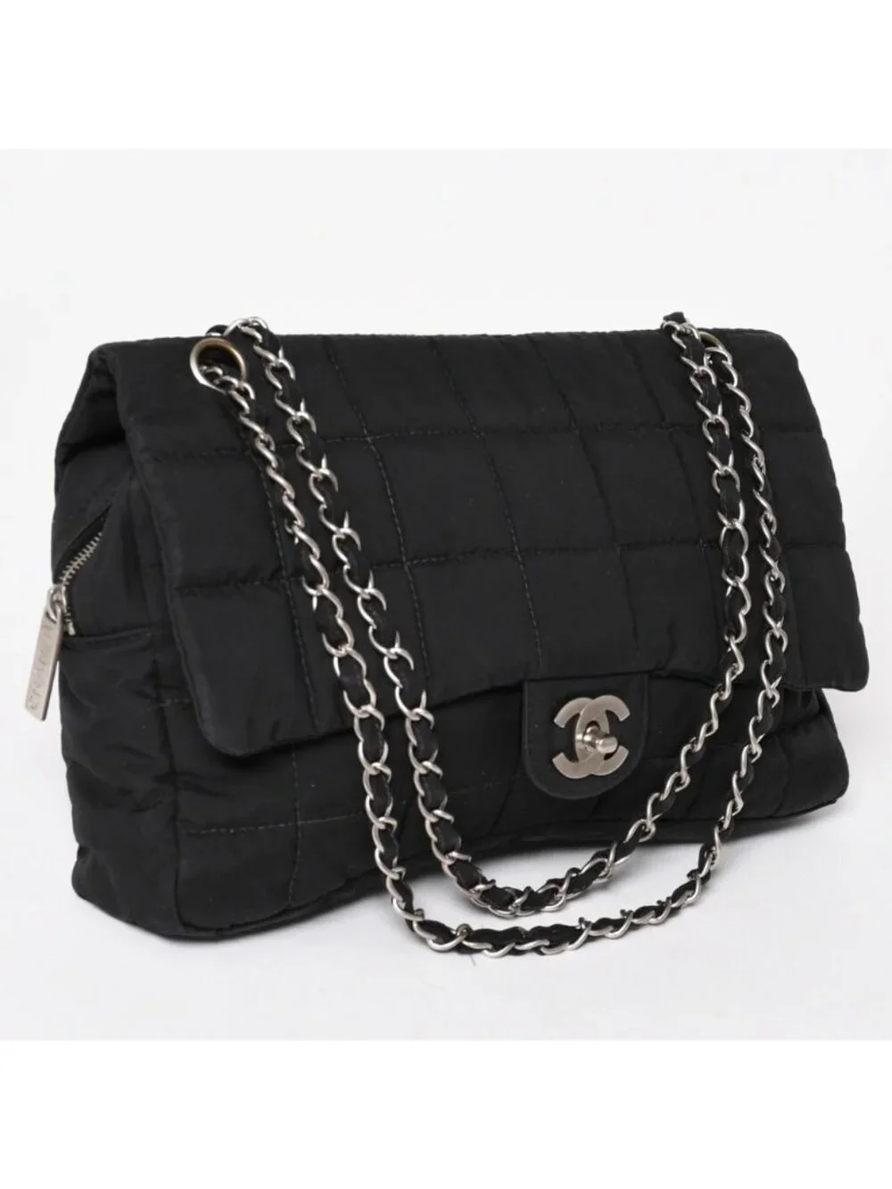 Chanel Quilted Choco Bar Shoulder Bag CC Logo Nylon Black Silver